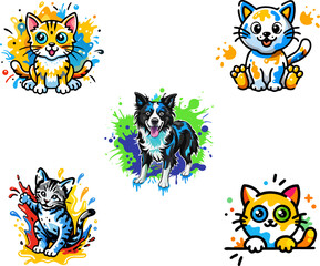 Obraz premium Hand-Drawn Pet Animals with Watercolor Ink Splashes