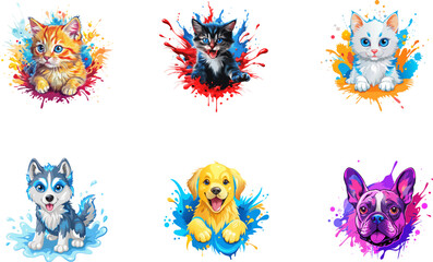 Adorable Puppy and Kitten Cartoon Set in Splash Style