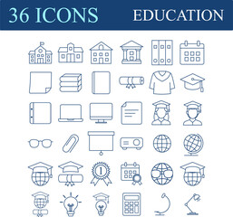 Education line icon collection. Editable stroke. Vector illustration. Containing knowledge, college, task list, design, training, idea, teacher, file, graduation hat, institute, ruler, telescope.
