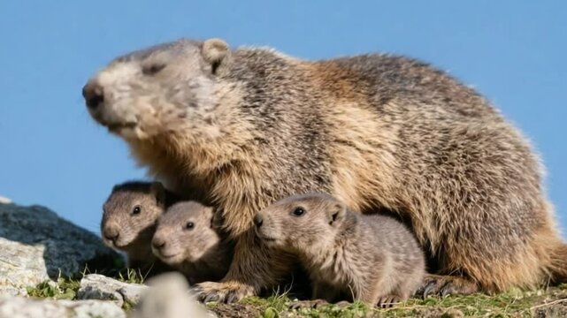 Alpine marmot mother with children, cuddling family of wild mountain rodents in alpine meadow, nature wildlife scene with fur detail and natural habitat 4khd video download