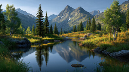 Fototapeta premium Serene Mountain Reflection: A tranquil mountain landscape with a calm lake reflecting towering peaks, verdant trees, and a clear blue sky, creating a sense of peace and awe.