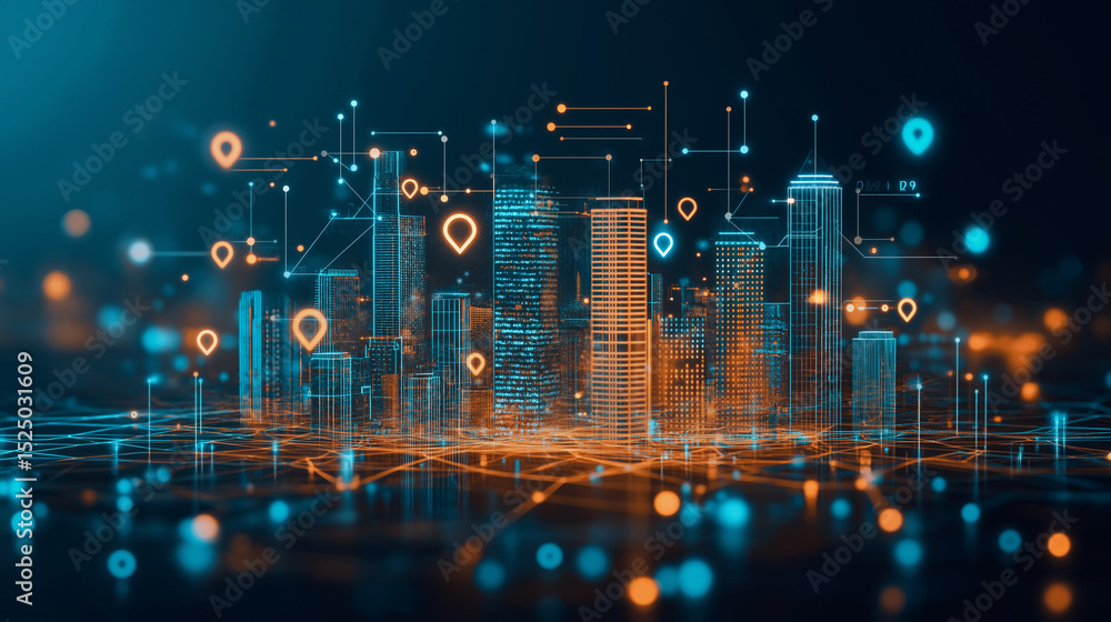 Poster digital cityscape: a futuristic and dynamic cityscape showcases connected data streams and network c