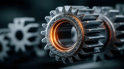 Rotating metallic gears in macro view with smooth mechanical motion and industrial lighting