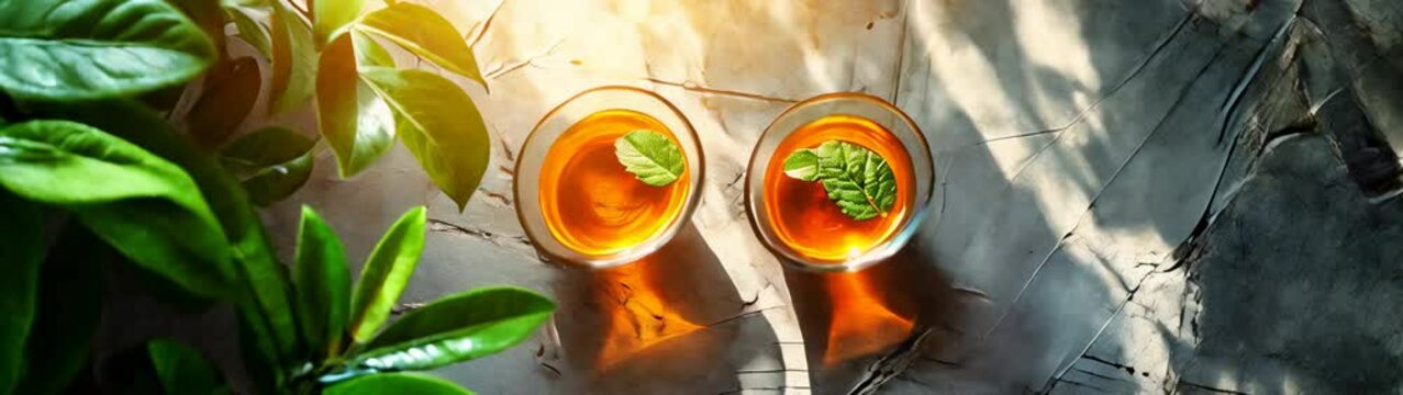 Tea cus on a table next to a plant banner copy space