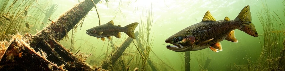 A haunting underwater shot of salmon swimming through shipwreck debris, with faint rays of sunlight, Atmospheric, Cinematic, Realistic.