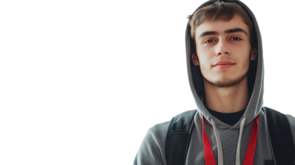 Young tech entrepreneur in hoodie and ID lanyard, white background, high detail