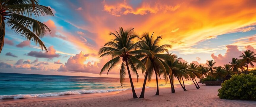 Vibrant sunset over a tropical beach with palm trees and turquoise water, freedom, travel photography
