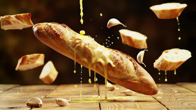 A baguette with melted cheese drips on a wooden table surrounded by flying garlic cloves and bread slices