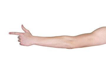 Male hand with index finger pointing to something. Hand to shoulder. PNG isolated on transparent background