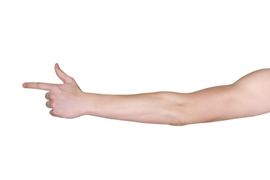 Male hand with index finger pointing to something. Hand to shoulder. PNG isolated on transparent background