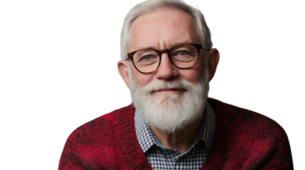 Senior manager with salt-and-pepper beard, checkered shirt and sweater over shoulders, studio light