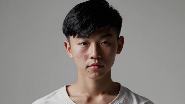 Close-up portrait of an Asian teenage boy with imperfect skin, looking confidently and naturally at the camera. A sincere and relatable image that highlights real beauty, adolescence, individuality