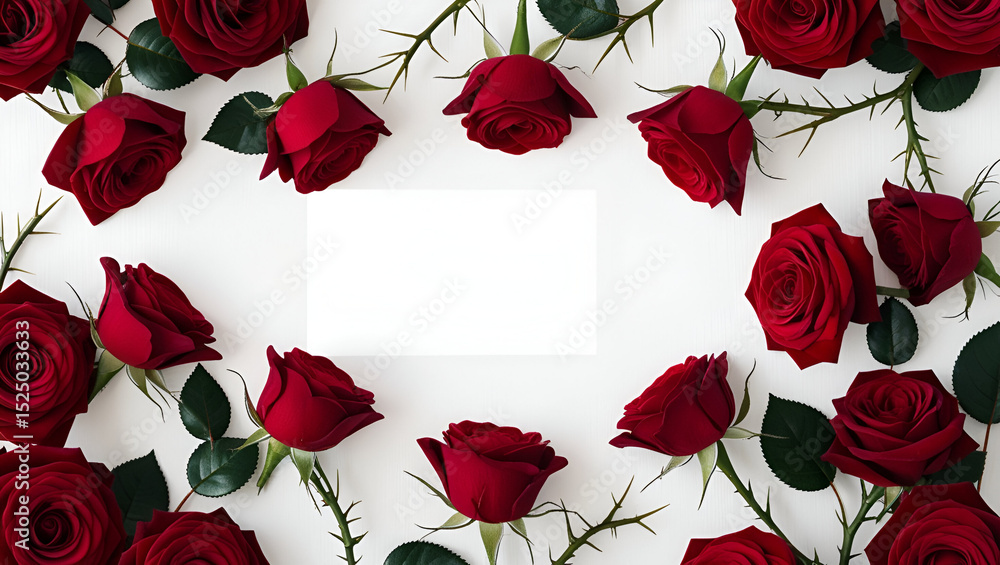 Poster bunch of red roses arranged as a frame border for text isolated on a white background perfect for ro