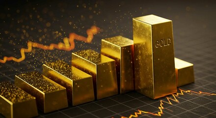 Five gold bars on a financial stock chart with glowing bokeh particles. Investment concept for wealth and prosperity.