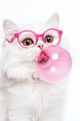adorable orange cat wearing pink glasses and blowing a large bubble gum. Studio photoshoot