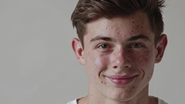 Close-up portrait of a white teenage boy with imperfect skin, looking naturally and confidently at the camera. 
