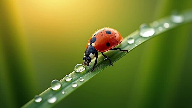 Ladybug perched on fresh dewy leaf with soft sunlight background. Macro insect nature concept