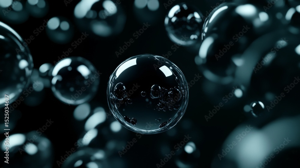 Poster D graphic spheres floating in space, with reflections and soft shadows, creating a futuristic and abstract composition on a dark canvas
