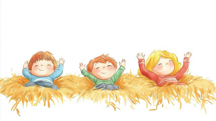 Happy children relaxing on haystack in countryside setting