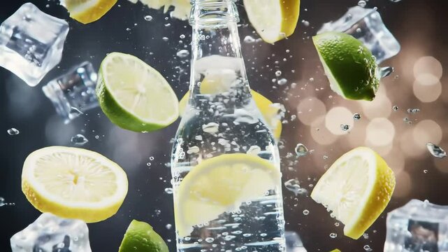 A clear bottle surrounded by floating lemon lime slices ice cubes and water droplets