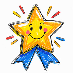 Smiling star with blue ribbon and colorful rays design concept of naive drawings made by children - nurses and treatment in hospital  