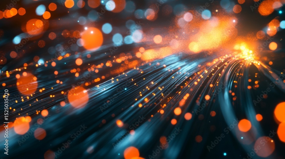 Poster An abstract composition of fiber optic cables with glowing light effects, symbolizing high-speed wireless communication and data transfer in a digital age.