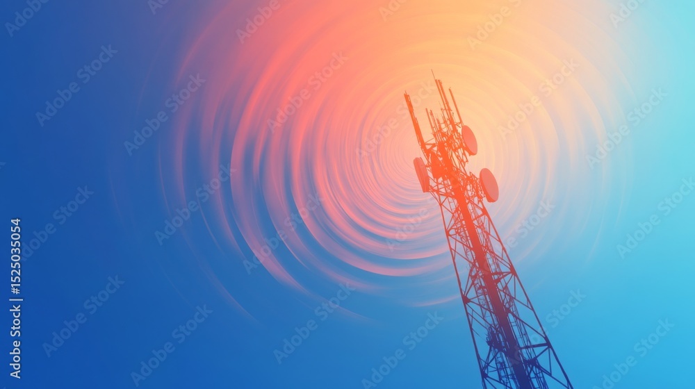 Poster an abstract image of radio waves radiating from a cell tower against a clear blue sky, highlighting 