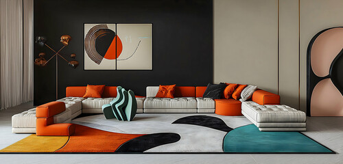 A stylish cozy living room with mid-century modern pieces clean lines and wood tones accented by bold red and blue pops textured rugs and minimalist abstract decor


