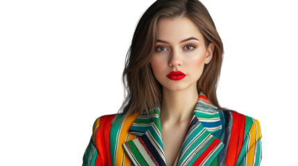 Female manager in colorful blazer with bold lipstick, eye contact with camera, PNG format 