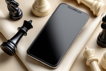 A sleek smartphone rests on a smooth leather surface surrounded by black and white chess pieces, symbolizing a blend of technology and classic strategy.