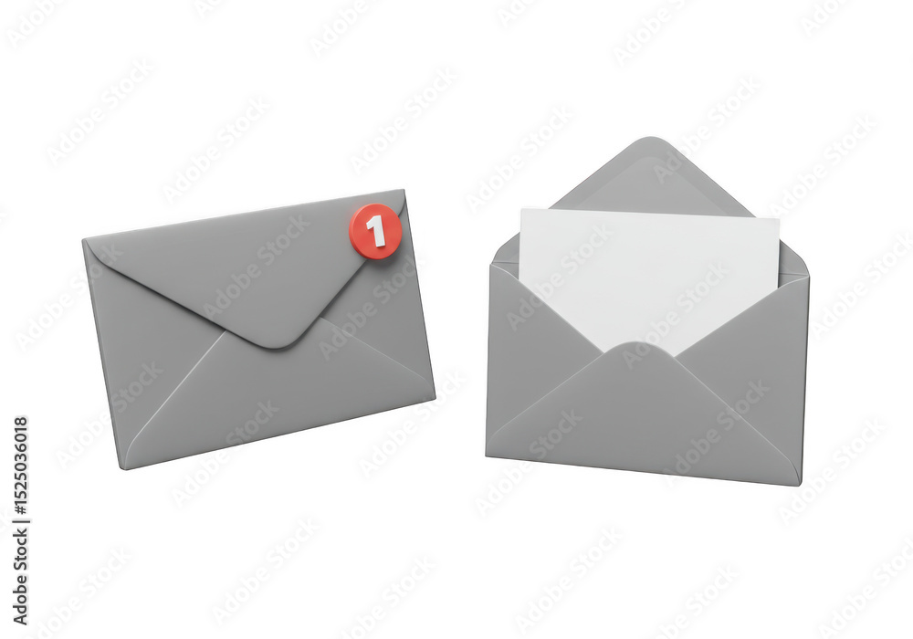 Poster two grey envelopes one with notification isolated on transparent background