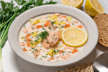Salmon chowder cream soup lohikeitto. Traditional fish dish in Finland and other Nordic countries