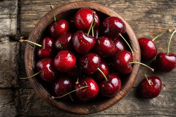 Fresh red cherries glistening with water droplets in a rustic wooden bowl on a weathered wooden table, showcasing vibrant colors and natural textures for culinary use