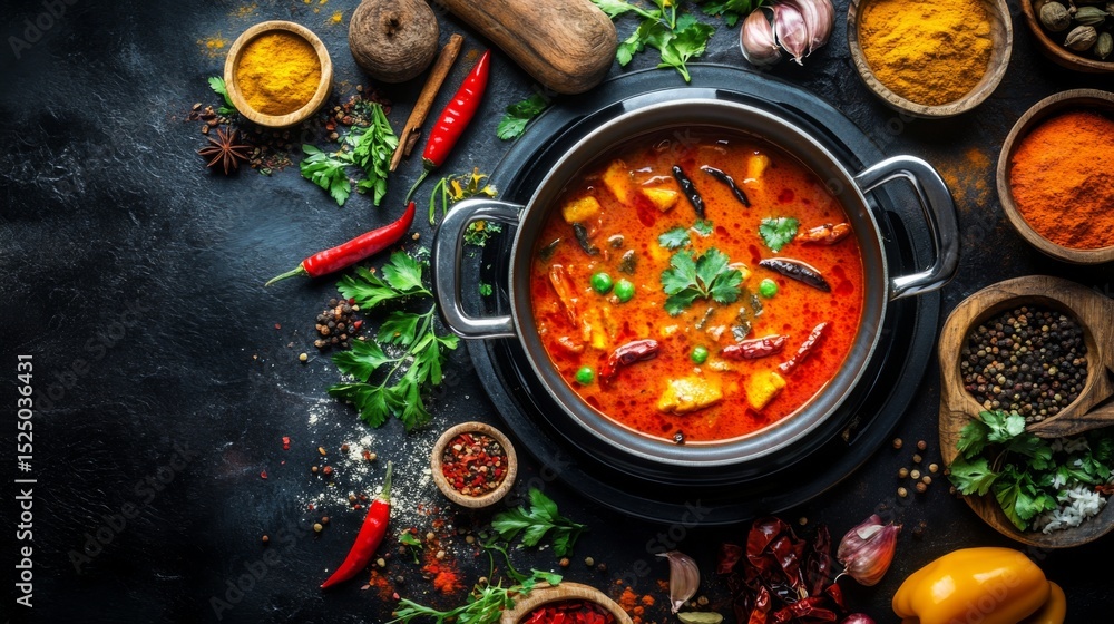 Poster an artistic shot of a pot of fragrant curry simmering on the stove, with colorful spices and herbs a