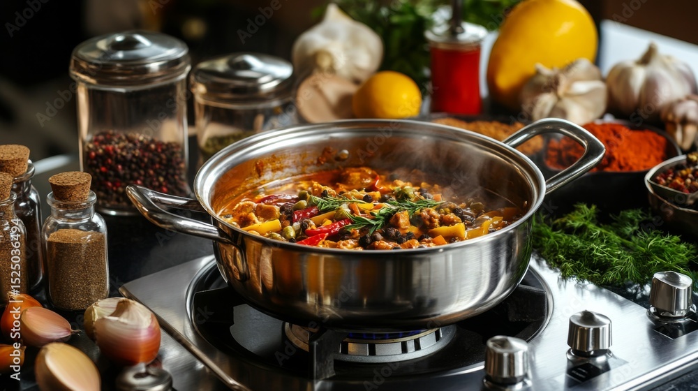 Poster an artistic shot of a pot of fragrant curry simmering on the stove, with colorful spices and herbs a