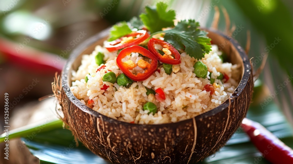 Poster an artistic shot of fried rice being served in a coconut shell, topped with sliced chili and fresh c