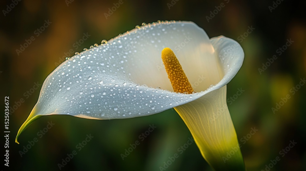 Poster an elegant close-up of a calla lily with dew drops glistening on its smooth petals, highlighting its