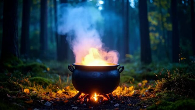 Dark mysterious scene featuring a cauldron over a fire emitting steam in a dimly lit autumn forest setting, conveying a magical atmosphere