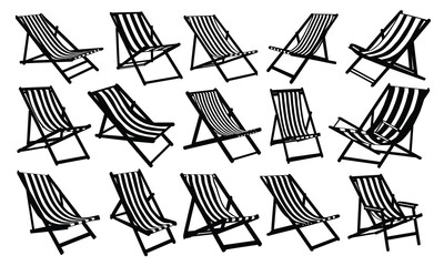 A collection of 15 beach chair silhouettes in various styles for summer and outdoor relaxation themes