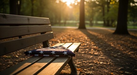 American Flag on Park Bench at Sunset A Moment of Remembrance