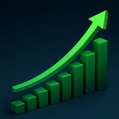 A 3D green bar chart with a rising arrow, symbolizing strong business growth, financial success, and upward performance trends.