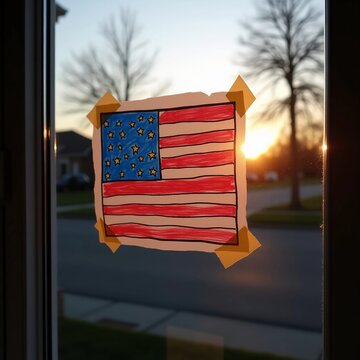 Fototapeta “Child’s Crayon Drawing of American Flag in Window Seen from Outside at Sunset – Patriotic Suburban Nostalgia”