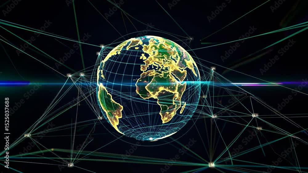 Poster Global connectivity through technology and data visualization enhances communication and interactions across continents
