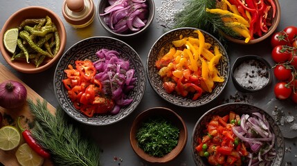 A spread of fresh ingredients in various bowls, ready for a vibrant and colorful cooking session, captured in high resolution for maximum detail.