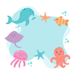 banner poster with marine life animals isolated on white background