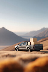 Obraz premium Pickup truck carrying cardboard boxes in a scenic landscape. Represents delivery, logistics, adventure, or relocation. Ideal for ads, websites, editorial use.