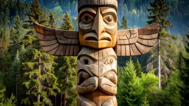Detailed wooden totem pole with carved faces displayed within a vibrant green coniferous forest landscape backdrop