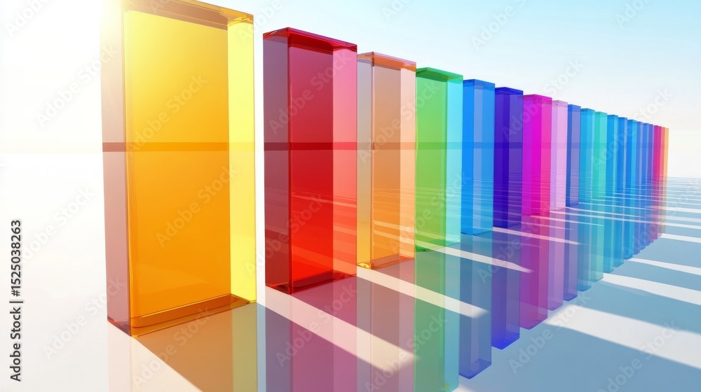 Aufkleber Array of rainbow-colored D bars in a row, gradually increasing in height, with smooth shadows and reflections