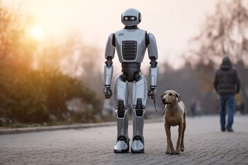 android robot walking a dog in an urban park
