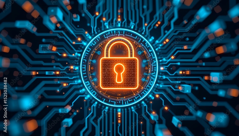 Poster a glowing lock symbol on top of a circuit board symbolizes digital security
